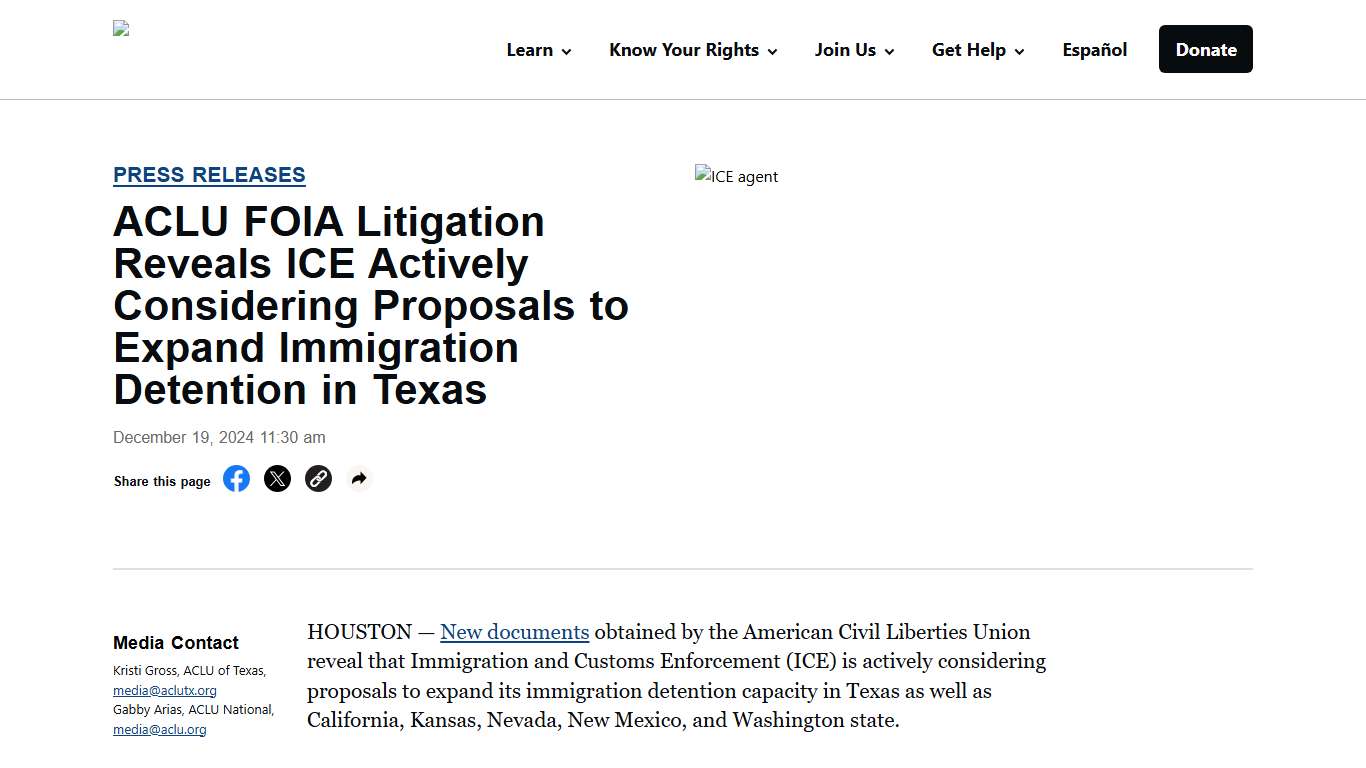 ACLU FOIA Litigation Reveals ICE Actively Considering Proposals to Expand Immigration Detention in Texas - ACLU of Texas